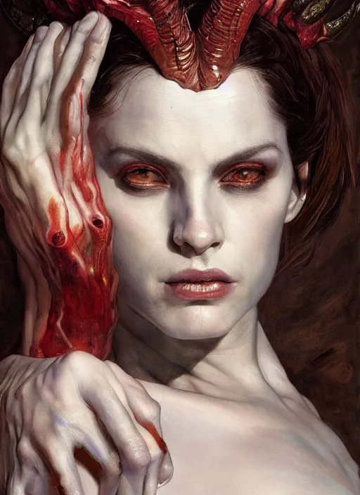 Image similar to half demon half human intricate skin latex, elegant, peaceful, full body, horns, hyper realistic, extremely detailed, dnd character art portrait, fantasy art, intricate fantasy painting, dramatic lighting, vivid colors, deviant art, artstation, by edgar maxence and caravaggio and michael whelan and delacroix.