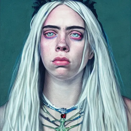 Prompt: detailed portrait of Billie Eilish as the goddess of the sun, with anxious, piercing eyes