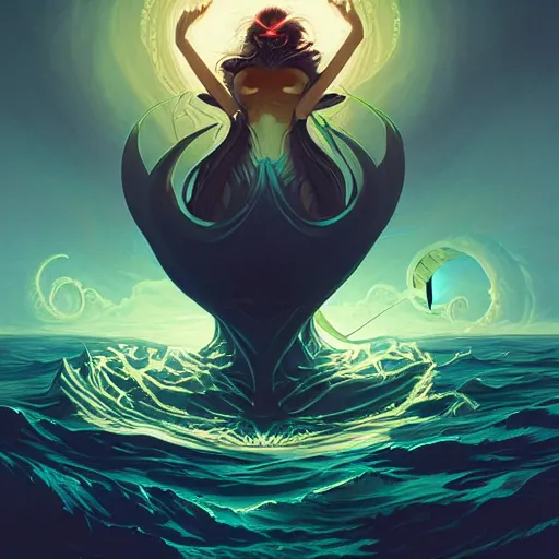 Image similar to in the style of Steve Niles, Joshua Middleton, Peter Mohrbacher and artgerm, Chtulhu rising from the water staring at a boat, Lovecraftian, ocean, night, storm, lighting, terror, horror