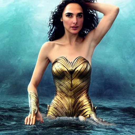 Image similar to Full body photo of the beautiful woman Gal Gadot as a siren, she is swimming, she has a glow coming from her, she is getting illuminated for rays of light that cross the sea, the photo was taking by Annie Leibovitz, matte painting, oil painting, naturalism, 4k, 8k