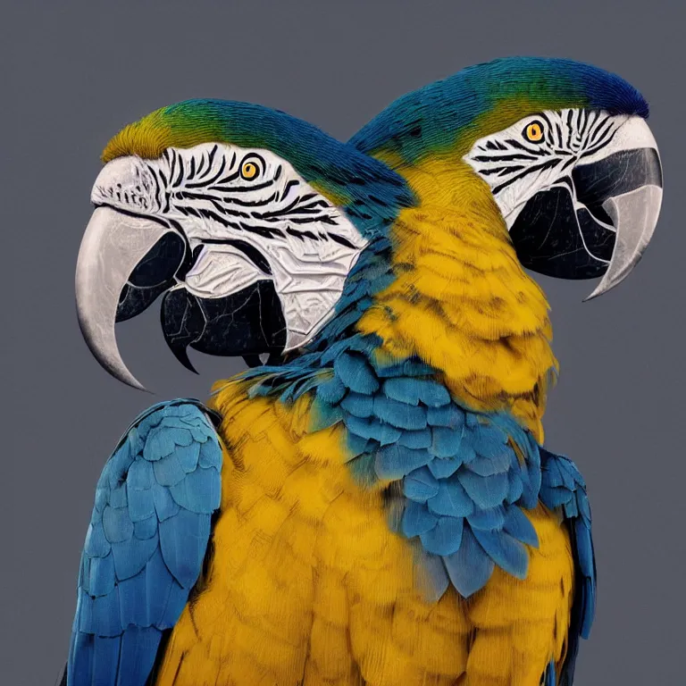 Image similar to octane render portrait by wayne barlow and carlo crivelli and glenn fabry, a single beautiful colorful blue and gold macaw, surrounded by shiny reflective aluminum foil, cinema 4 d, ray traced lighting, very short depth of field, bokeh