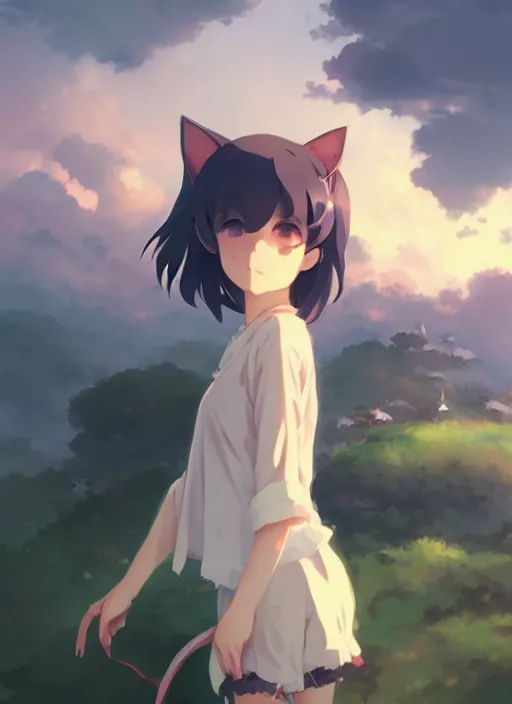 Image similar to portrait of cute catgirl, cloudy sky background lush landscape illustration concept art anime key visual trending pixiv fanbox by wlop and greg rutkowski and makoto shinkai and studio ghibli