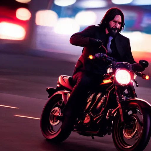 Image similar to chibi john wick riding a sports motorbike at night, movie still, 4 k