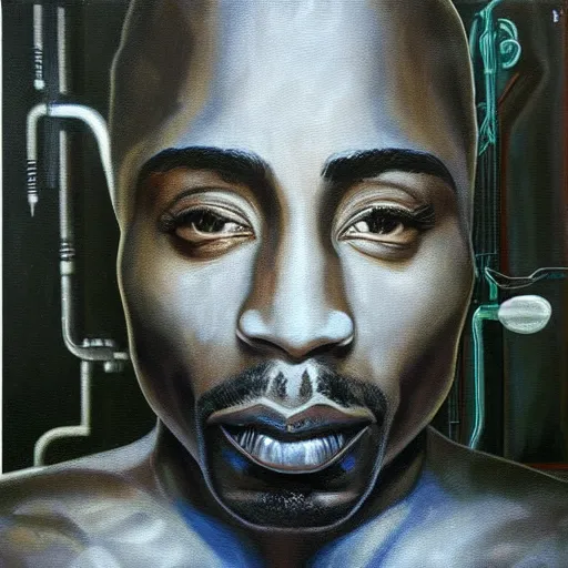 Image similar to a realistic oil painting of tupac shakur as a cybernetic cyborg, surrealism portrait, surrealism album cover