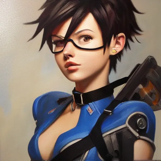 Image similar to oil painting of tracer overwatch in a field wearing o - ring choker around neck, in style of mark arian, expressive face, detailed face, detailed eyes, full body, feminine face, tracer overwatch,