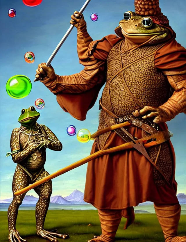 Image similar to anthropomorphic bipedal frog that is dressed as a medieval barbarian, and wielding a club weapon, as a renaissance oil painting and d & d character art, by alex grey, standing, fullbody, floating bubbles, enlightenment, mystic, concept art, award - winning, extremely detailed, sharp focus