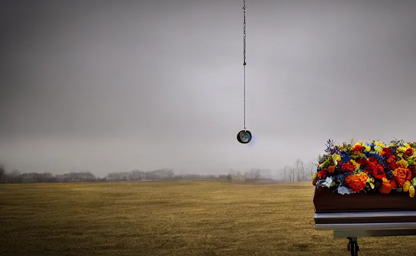 Prompt: At a funeral time itself, clock being lowered into a casket, the sky tearing open with color