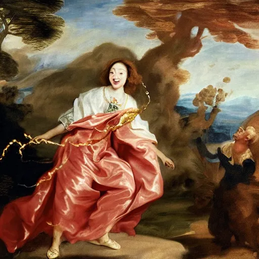 Image similar to female portrait, Theresa May as a smiling hapa sorceress chasing will-o-wisps casting a fireball in a garden, detailed painting by Anthony Van Dyck