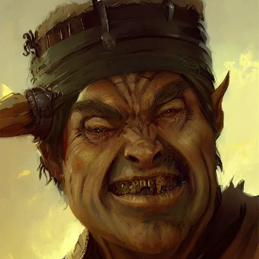 Image similar to a friendly orcish merchant, fantasy character portrait by greg rutkowski, gaston bussiere, craig mullins