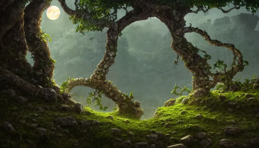 Image similar to a sword in a stone in ancient ruins, vines, magical forest, hyperrealistic, highly detailed, cinematic, single ray of moon, beautiful, cgssociety, artstation, 8 k, oil painting