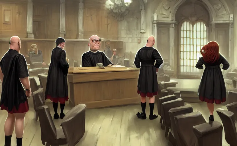 Prompt: courtroom, trial of a bald man! in a skirt! and black stockings!!, no blur, 4 k resolution, ultra detailed, style of marc simonetti, tyler edlin, deviantart