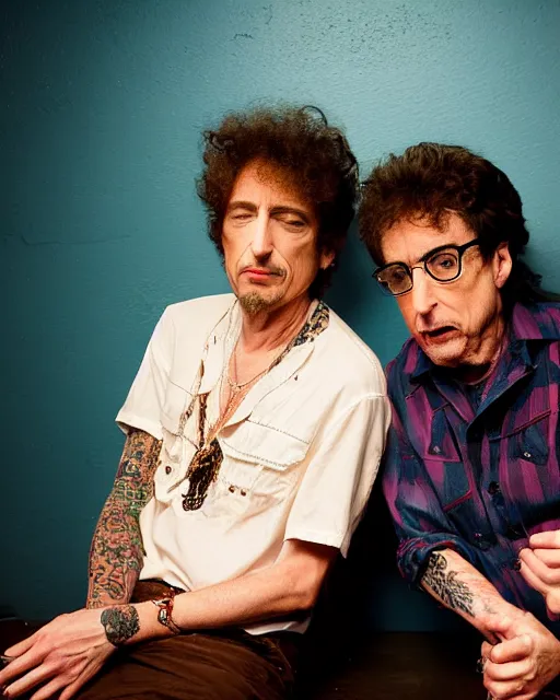 Prompt: 35mm macro photograph Bob Dylan and Bob Saget, flirting expression, wearing a camisole, vibrant high contrast, octane, arney freytag, Fashion photo shoot,, glamorous, tattoos,shot in the photo studio, backlit, rim lighting, 8k