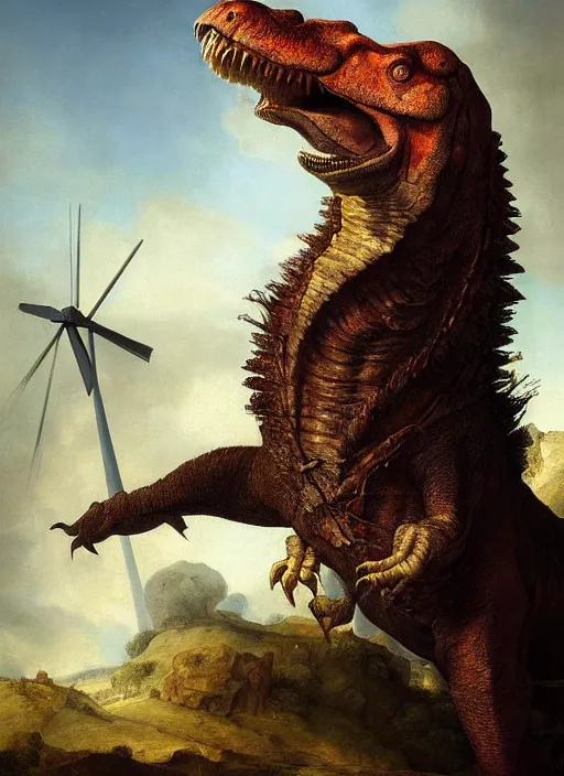 Prompt: portrait of a tyrannosaurus roaring at a windmill, digital art, highly detailed, stunning scene, realism, bright colors, trending on artstation, masterpiece, by rembrandt and carel fabritius