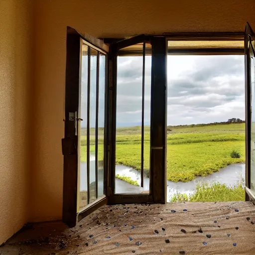 Prompt: a cinematic view looking out a window into an open field, wind blows the leaves, and the sun shines through the parted clouds, a small creek runs through the backyard