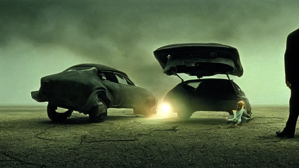 Image similar to the hip creature under the car, film still from the movie directed by denis villeneuve and david cronenberg with art direction by salvador dali and zdzisław beksinski, wide lens