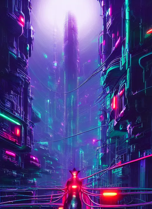 Image similar to cats cyborg inside an scifi tentacles wires futuristic city, beautiful neon cats, cinematic, highly detailed, photorealistic, rich bright colors, trending on artstation, giger, tsutomu nihei, trending on cgsociety, awe inspiring bruce pennington cityscape, digital art painting of 1 9 6 0 s