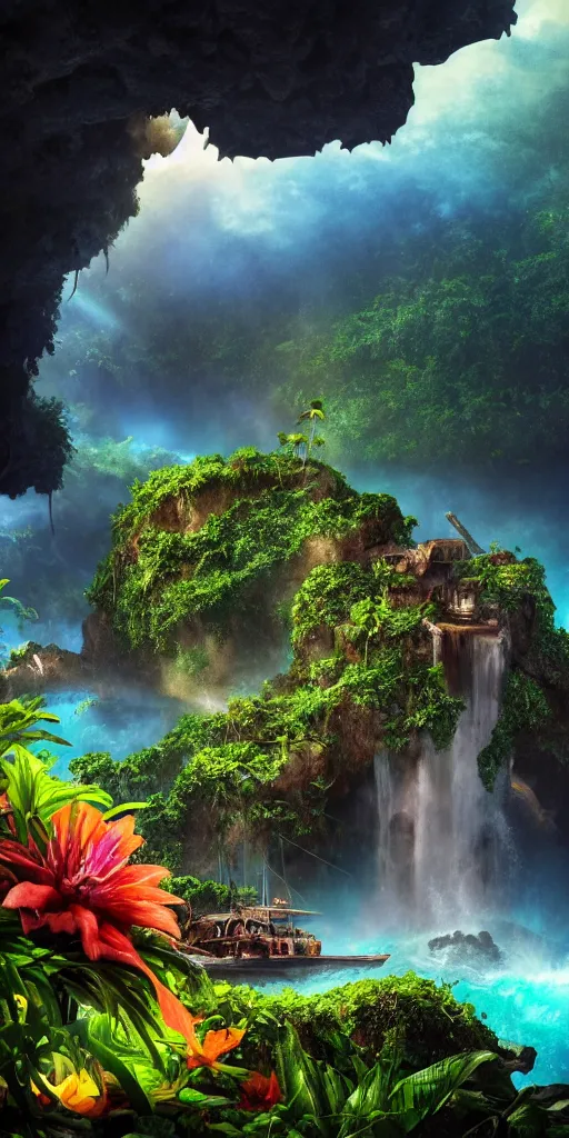 Image similar to a shipwreck at the bottom of a caribbean jungle cave, lush flora, waterfall, mountains, dark towering clouds, flowers, vines, sunset, volumetric lighting, rtx on, washed out colors, an award winning digital render, beautiful, ultradetailed, great composition