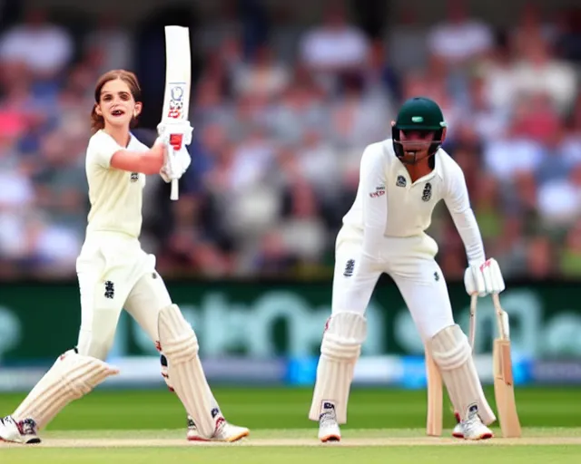 Prompt: emma watson opens the batting for england at lord's cricket ground