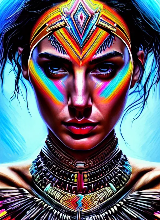 Image similar to portrait of gal gadot, hyper detailed ultra sharp aztec shaman warrior. trending on artstation, warpaint aesthetic, bloodwave, colorful, psychedelic, ornate, intricate, digital painting, concept art, smooth, sharp focus, illustration, art by artgerm and greg rutkowski and h. r. giger, 8 k