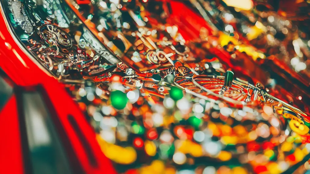 Image similar to up-close shot of a pachinko machine and hands, anime style, yellow red green and brown