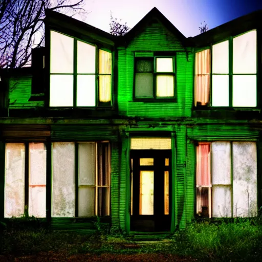 Image similar to abandoned house with green light emitting from the windows and doors, it is night time, dark