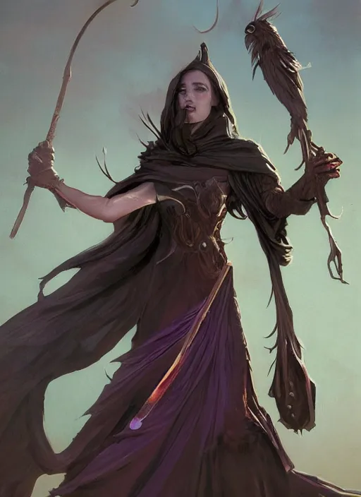 Prompt: hyper realistic photo of beautiful sorceress with a raven on her shoulder and a magic staff in her hand, full body, rule of thirds, conceptart, saturated colors, cinematic, greg rutkowski, brom, james gurney, mignola, craig mullins, artstation, cgsociety