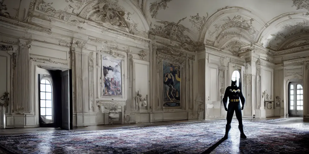 Image similar to Batman standing in giant Italian modern castle living room, clean minimalist design, that is 1300 feet tall, with very tall giant walls filled with modern art paintings, doors that are cosmic portals, photo by Annie Leibovitz