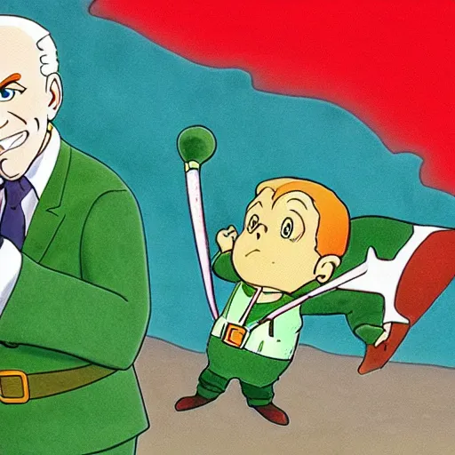 Image similar to cel - shaded image of joe biden as tingle from legend of zelda, studio ghibli animation cel