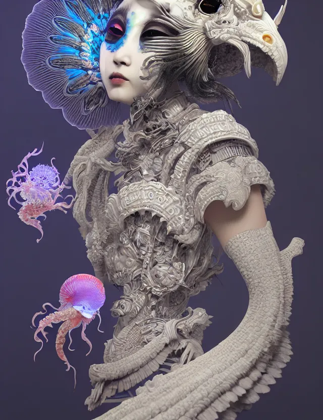 Image similar to 3 d goddess bottom - up with ram skull. beautiful intricately detailed japanese crow kitsune mask and clasical japanese kimono. betta fish, jellyfish phoenix, bio luminescent, plasma, ice, water, wind, creature, artwork by tooth wu and wlop and beeple and greg rutkowski