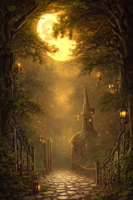 Image similar to a beautiful digital illustration painting of a detailed gothic fantasy fireflies forest trees and iron gate cobblestone pathway vines full moon by justin gerard, james gurney, 8 k resolution trending on artstation concept art digital illustration