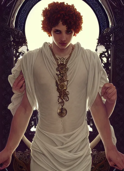 Image similar to the god hermes, young man, curly blond hair, glowing eyes, volumetric lights, cyan and white scheme, art nouveau botanicals, gothic, intricate, highly detailed, digital painting, artstation, concept art, smooth, sharp focus, symmetric face, illustration, steampunk, art by artgerm and greg rutkowski and alphonse mucha