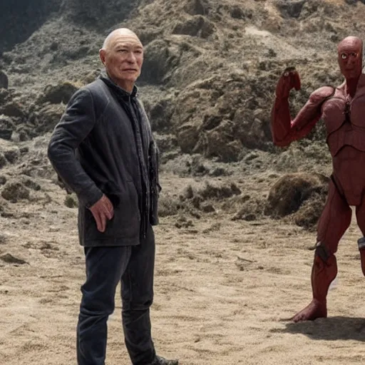 Image similar to film still, patrick stewart facing down against an obviously cheap cgi monster in a new netflix action sci - fi movie, wide shot