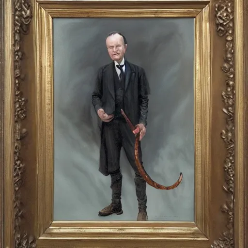 Image similar to calvin coolidge as a dnd fantasy tiefling, horned coolidge epic painting. official portrait, dnd character painting by gibbs - coolidge. oil on canvas, wet - on - wet technique, underpainting, grisaille, realistic. restored face.