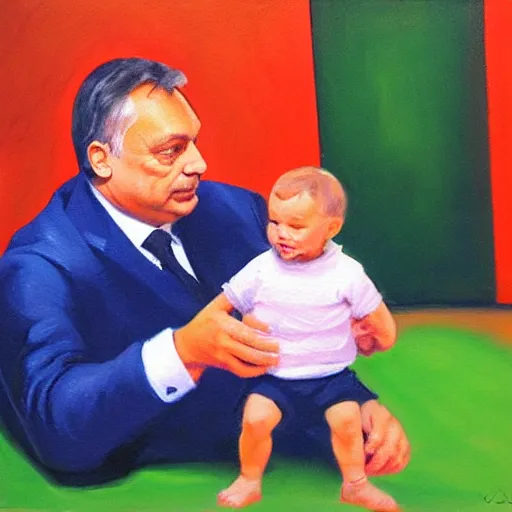 Image similar to viktor orban playing with a small child, oil painting