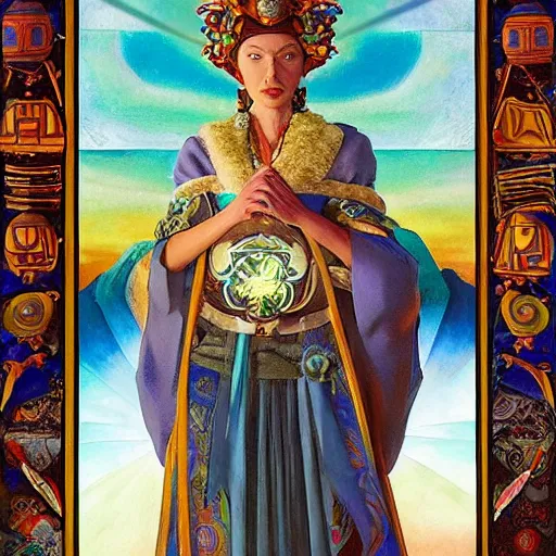 Prompt: queen of the dawn with her lantern and regalia, by donato giancola and nicholas roerich, and ( ( ( ( ( diego rivera ) ) ) ) ), symbolist, tattoos, dramatic lighting, elaborate geometric ornament, art brut, god rays, soft cool colors, smooth, sharp focus, extremely detailed