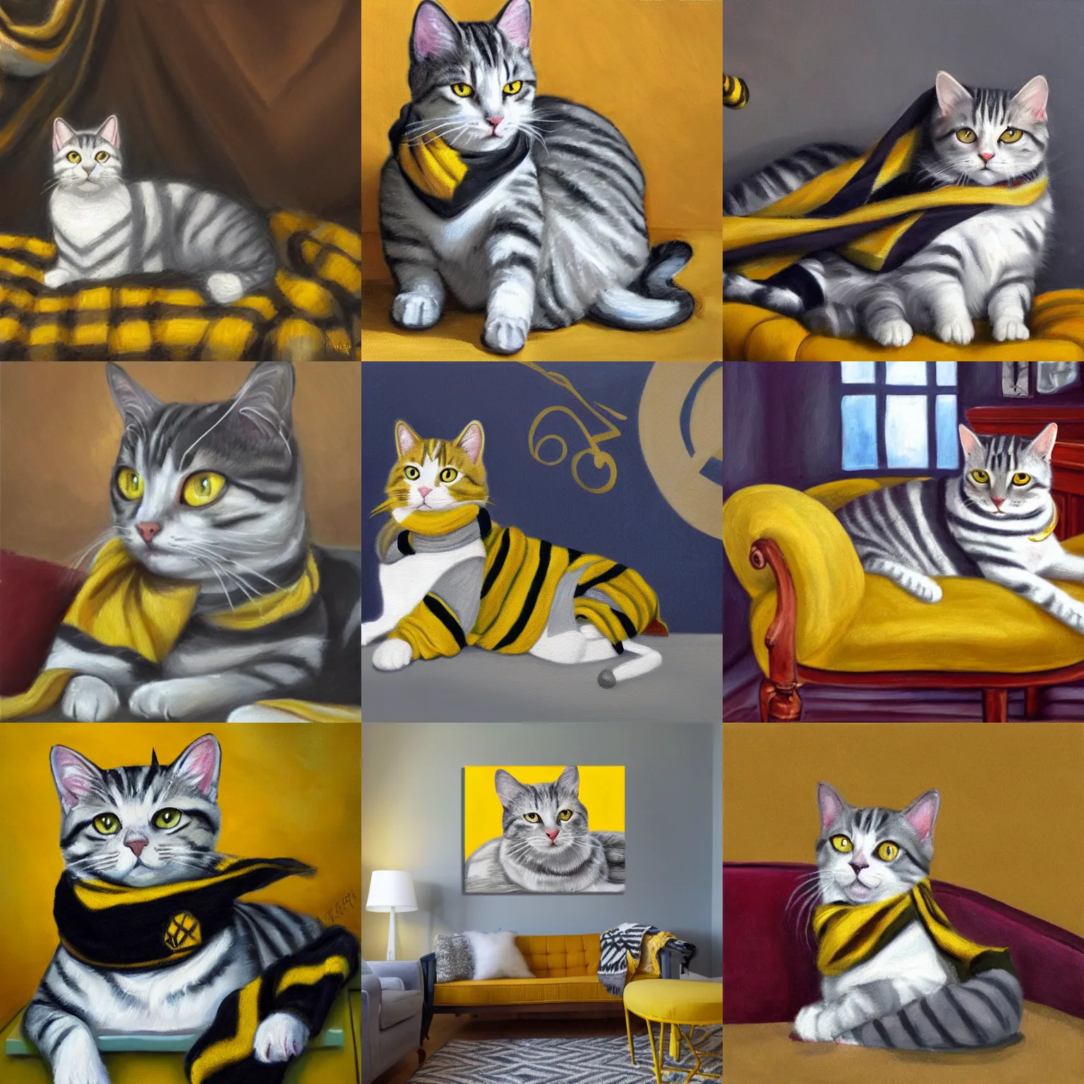 Prompt: oil painting of a hufflepuff white and grey tabby cat wearing a hufflepuff scarf lounging in the hufflepuff common room, musical notes floating in the background