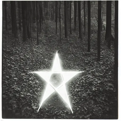 Image similar to glowing pentagram in a forest clearing at night, old polaroid, expired film, blurry, lost footage, found footage, creepy,