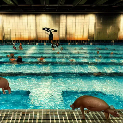 Image similar to photo, two old men fight pig mutants 4 0 1 2 7 inside a swimming pool, highly detailed, scary, volumetric lighting, front view