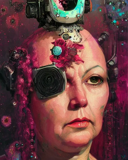 Prompt: flowerpunk portrait of an old cyborg queen victoria by paul lehr