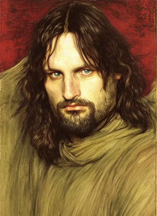 Image similar to a beautiful painting of aragorn by John Everett Millais and Dante Gabriel Rossetti and John Collier and john william waterhouse, pre-raphaelite, detailed, trending on artstation, hd, masterpiece