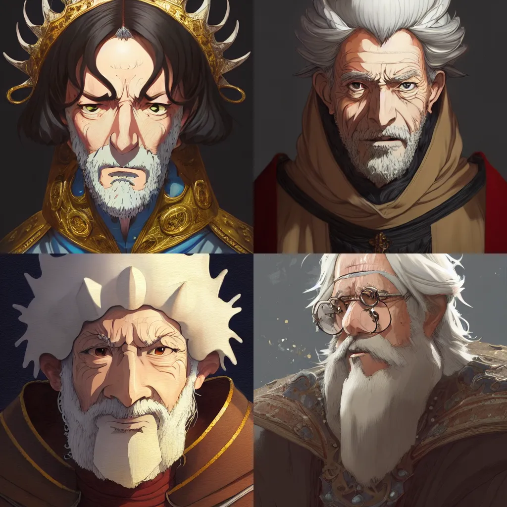 Prompt: portrait of a medieval old king, artstation, cartoon, elegant, highly detailed, digital painting, clean! outstanding! art by ghibli!!!!, makoto shinkai, fujita goro, giraud, akihiko yoshida, fadeev 8 k