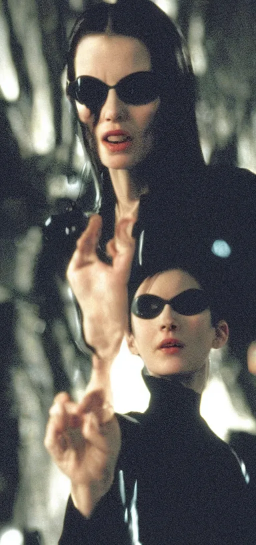 Image similar to A film still of Lois Theroux as Neo from The Matrix