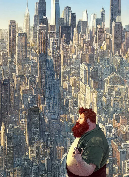 Prompt: a fat redheaded man with beard talking on a cell phone manhattan skyline in the background, intricate, elegant, highly detailed, centered, digital painting, artstation, concept art, smooth, sharp focus, illustration, art by james gurney and donato giancola and Joseph Christian Leyendecker