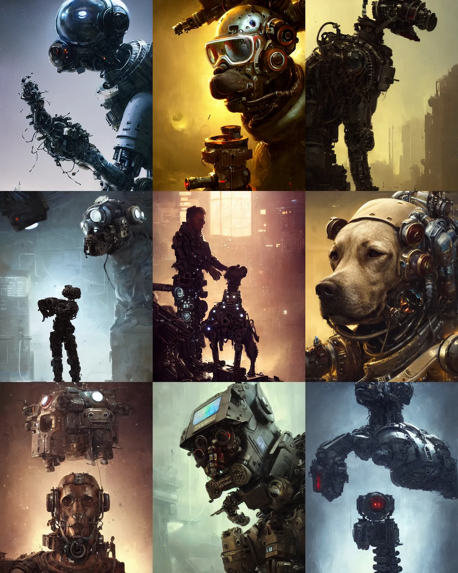 Prompt: a rugged engineer dog with cybernetic enhancements working assembling a satellite, scifi character portrait by greg rutkowski, esuthio, craig mullins, 1 / 4 headshot, cinematic lighting, dystopian scifi gear, gloomy, profile picture, mechanical, half robot, implants, steampunk