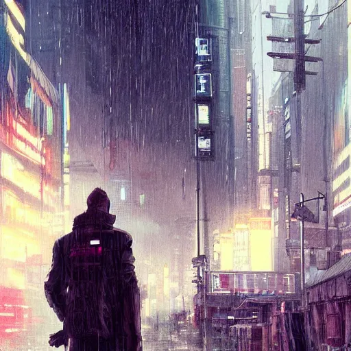 Image similar to a man standing in a cyberpunk street the men's casual walking the background is the cyberpunk city and it's raining by greg rutkowski