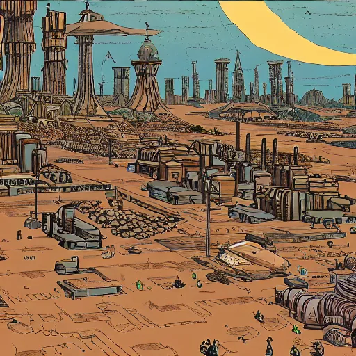 Prompt: a marketplace with lots of people in an industrial desert city in the style of moebius, Jean Giraud-n 4