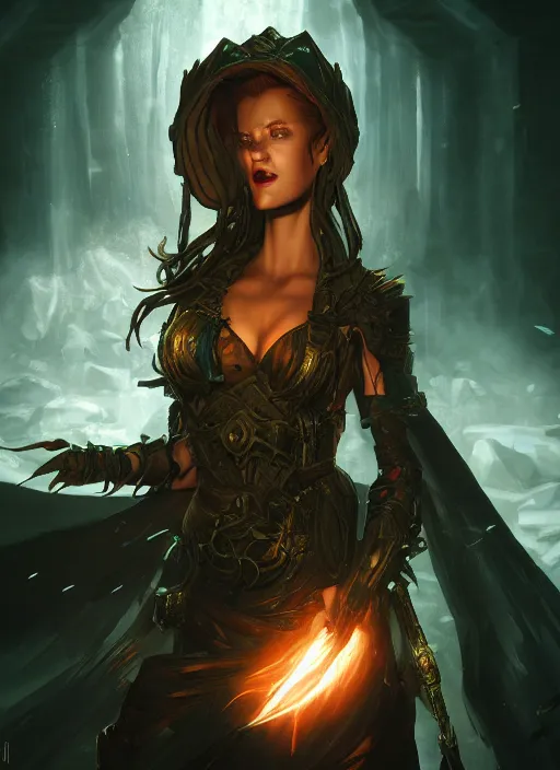 Prompt: A fantasy comic book style portrait painting of a stunning female as a Sorcerer in a atmospheric dark fortress, unreal 5, DAZ, hyperrealistic, octane render, RPG portrait, ambient light, dynamic lighting