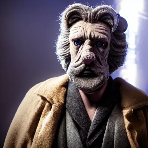 Image similar to poor lion man as a rough dirty old man with a scruffy beard in a dark blue trenchcoat as the new doctor who, cinematic, volumetric lighting, f 8 aperture, cinematic eastman 5 3 8 4 film, photorealistic