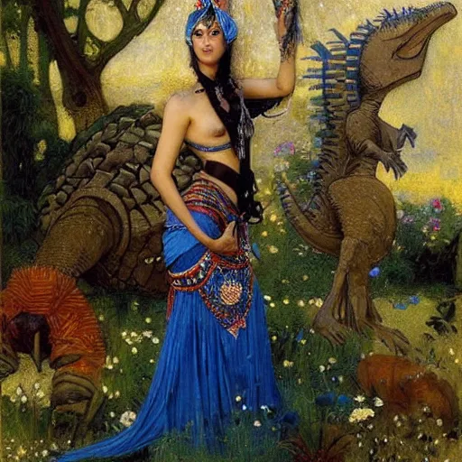 Image similar to epic masterpiece full body portrait a beautiful woman belly dancer, standing next to baby stegosaurus in a garden, by Edgar Maxence and Ross Tran and Michael Whelan