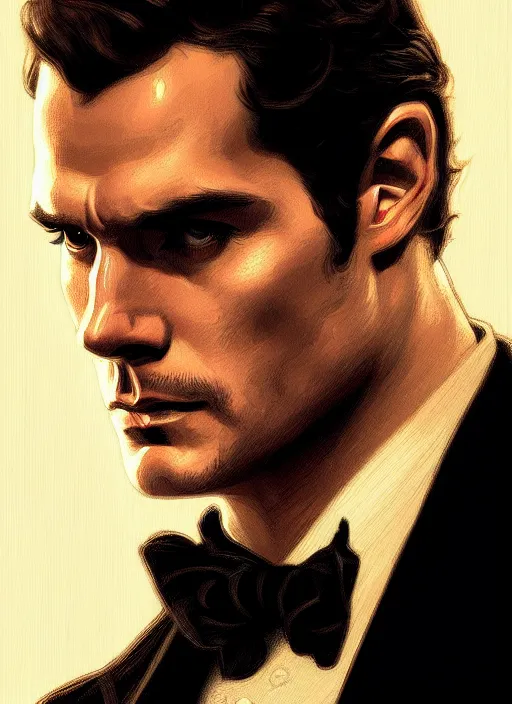 Image similar to portrait of henry cavill as james bond, casino, highly detailed, digital painting, artstation, concept art, cinematic lighting, sharp focus, illustration, by gaston bussiere alphonse mucha